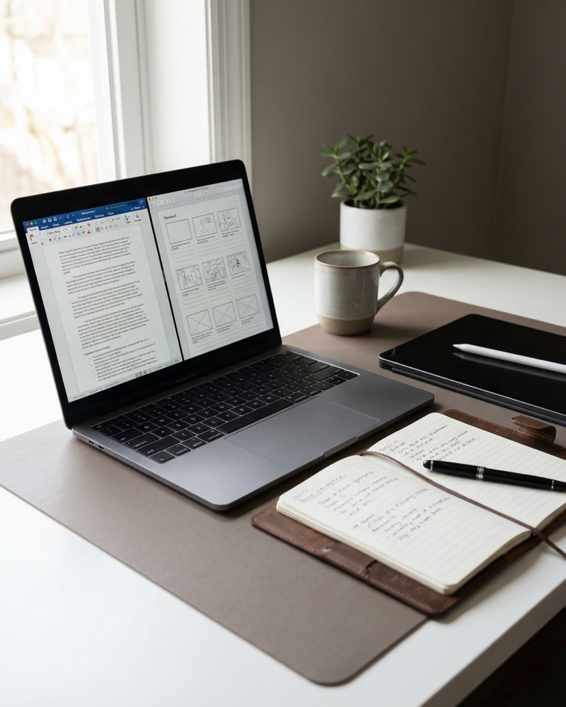 Kurumsal metin yazarlığı ve içerik geliştirme sürecini gösteren profesyonel içerik üretim ortamı